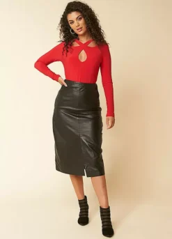 Kaleidoscope Black Leather Midi Skirt -Garmonic Sales Store Kaleidoscope Black Leather Midi Skirt75S225FRSP W01