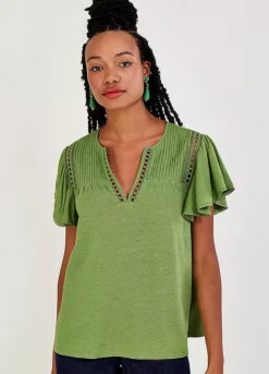 Monsoon V-Neck Woven Top In Linen Blend