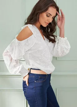 Together! Together Ivory Cold Shoulder Jacquard Blouse -Garmonic Sales Store Together Ivory Cold Shoulder Jacquard Blouse44W888FRSP W04